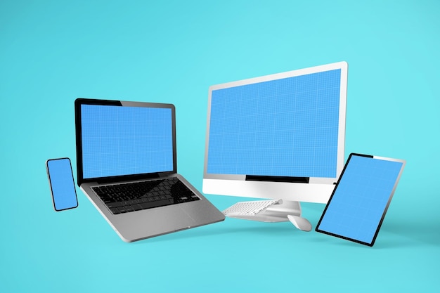 PSD laptop, tablet i monitor stoją na stojaku.