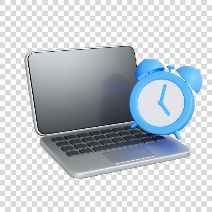 PSD laptop with blue alarm clock for time management