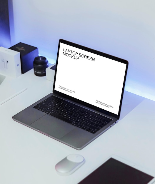 Laptop with blue neon light background