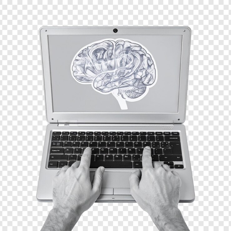 PSD laptop with brain graphic hands on keyboard technology and learning