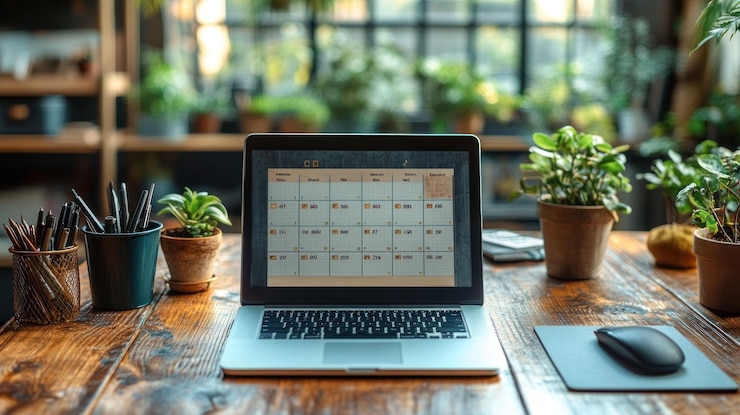 PSD a laptop with a calendar open on the screen is sitting on a wooden desk in a home office surrounded by houseplants