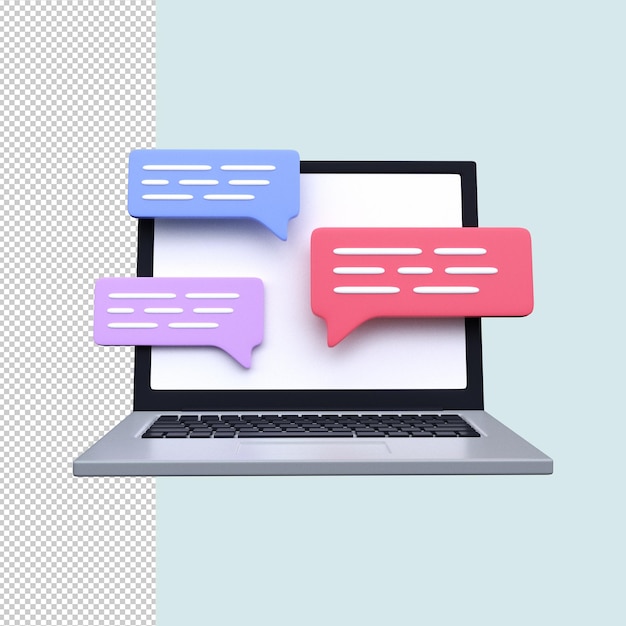 Computer portatile con notifiche a bolle di chat messaggistica internet rendering 3d psd premium