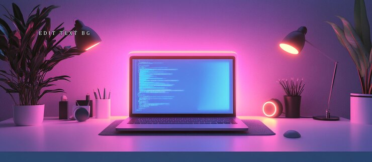 PSD laptop with code on screen illuminated by pink and blue lights on a desk with plants and desk lamps