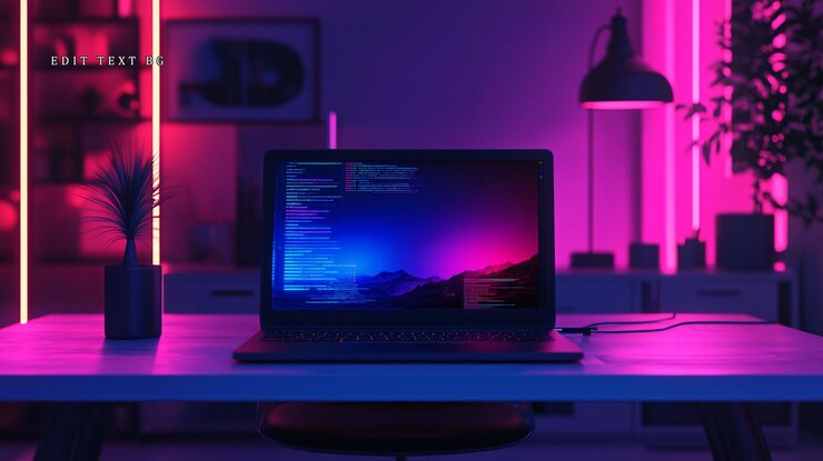 PSD laptop with code on screen in neonlit room