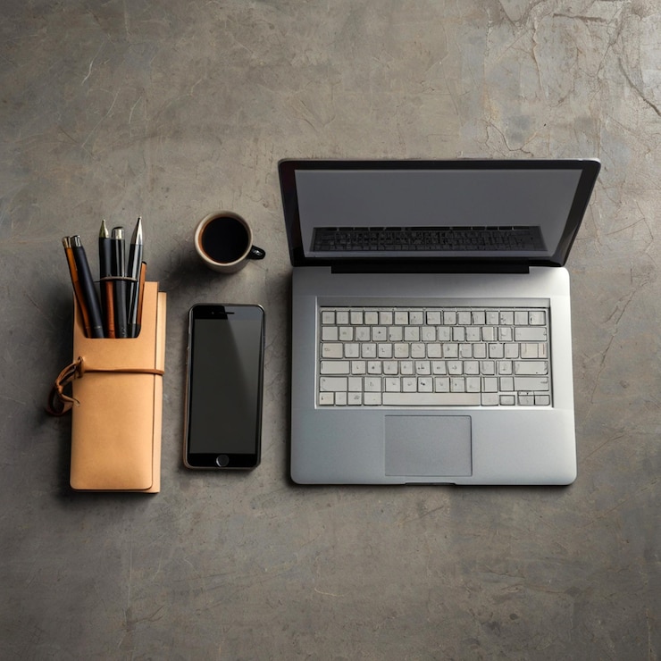 PSD a laptop with a cup of pencils and a cup of pens next to it