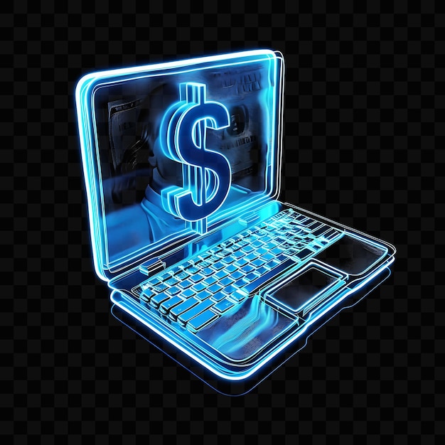 PSD Ноутбук с символом доллара 3d с экраном и клавиатурой m psd y2k светящийся неоновый веб-логотип