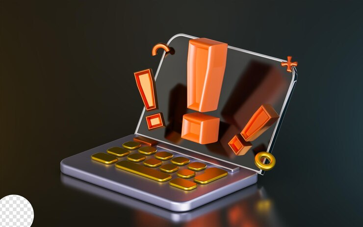 PSD ноутбук с восклицательным знаком на темном фоне концепция 3d рендеринга для системного предупреждения