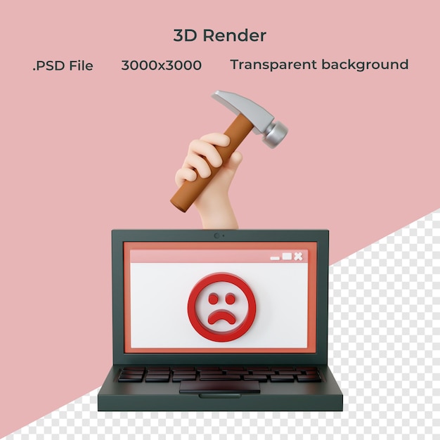 Computer portatile con emoji accigliato su sfondo trasparente rendering 3d