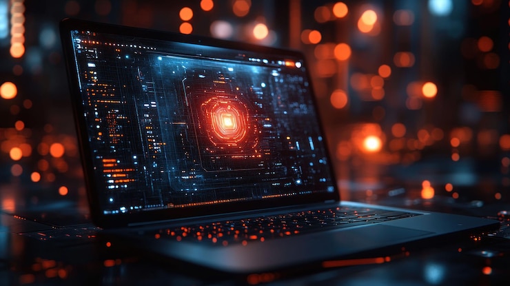 PSD a laptop with a futuristic user interface on the screen glowing in an orange hue with a blurred background