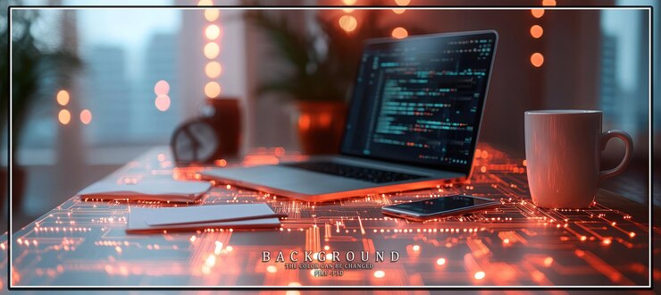 PSD laptop with glowing circuit board background and coffee cup