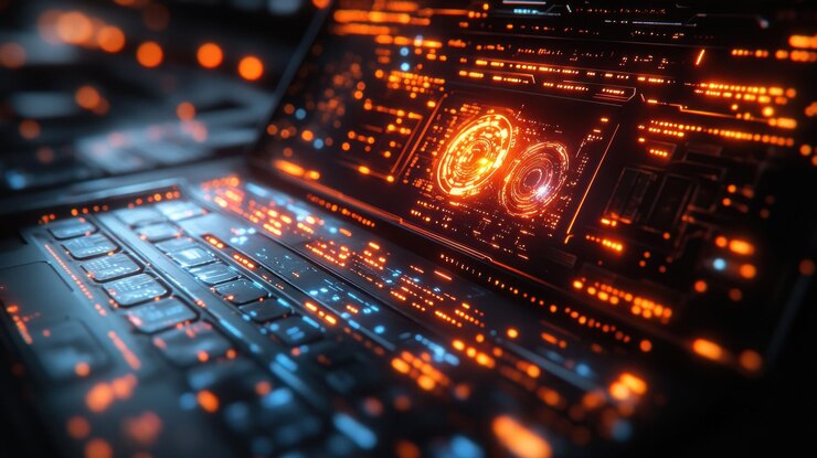 PSD a laptop with a glowing futuristic interface with orange and blue lights and a blurred background of city lights