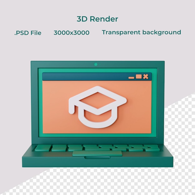 Computer portatile con icona di laurea su sfondo trasparente rendering 3d