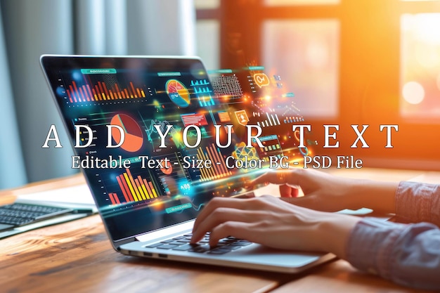 PSD laptop con una sovrapposizione grafica di vari dashboard di business intelligence bi