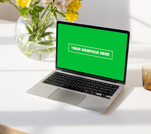 A laptop with a green screen that says your webpage here.