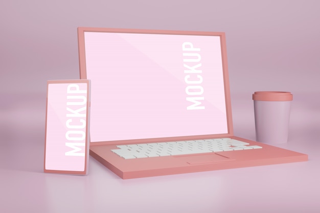 Laptop with mobile phone mockup