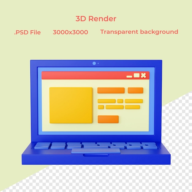 PSD computer portatile con una finestra aperta su sfondo trasparente rendering 3d