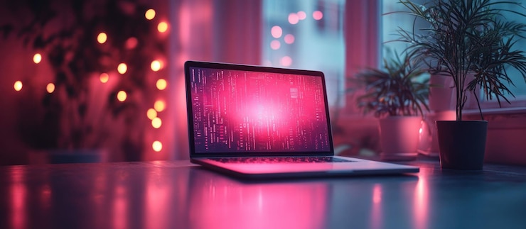 PSD laptop with pink and blue light on the table with plants and blurred bokeh lights