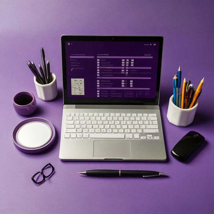 PSD a laptop with a purple background with a screen showing a pencil and pencils