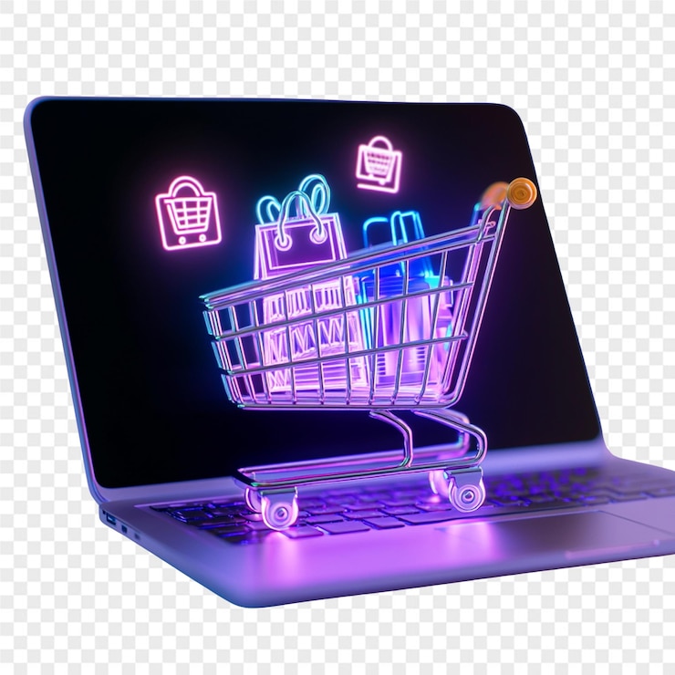 PSD a laptop with a shopping cart on it that says shopping in the bottom left corner