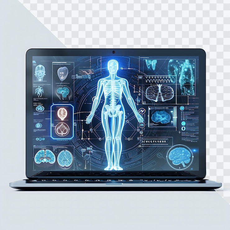 PSD a laptop with a skeleton on the screen and the words  medical  on the screen
