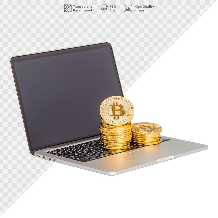 PSD laptop with stacked bitcoin coins on transparent background