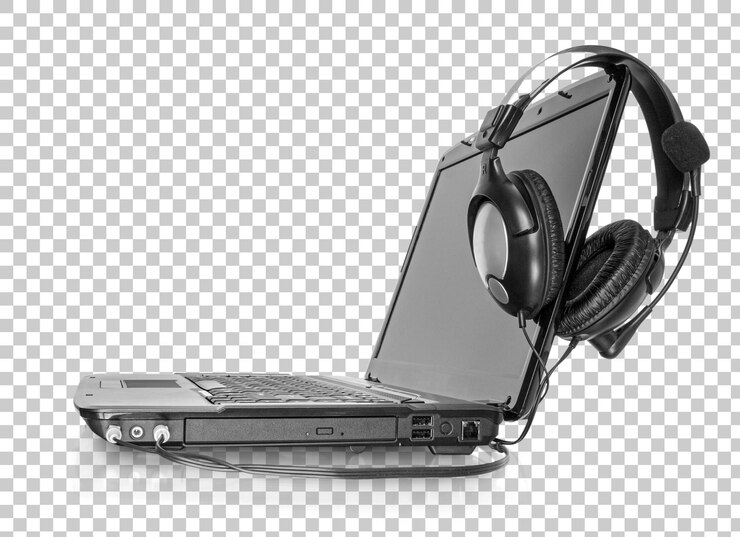 PSD laptop with stereo headset music concept isolated on transparent background
