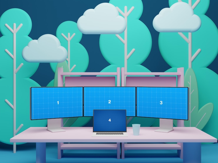 PSD laptop with triple monitor display mockup