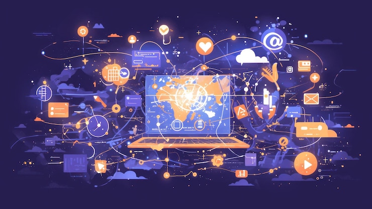 PSD a laptop with a world map on the screen is surrounded by glowing icons representing internet connectivity social media and global communication