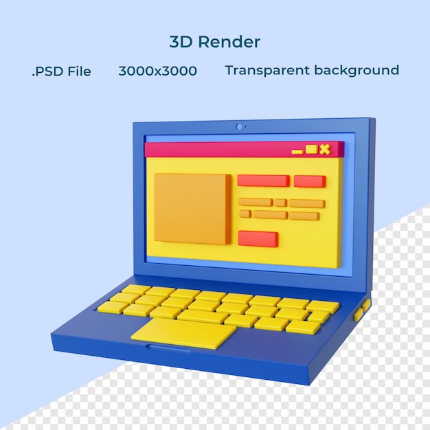 PSD laptop z otwartą stroną na przezroczystym tle renderowania 3d