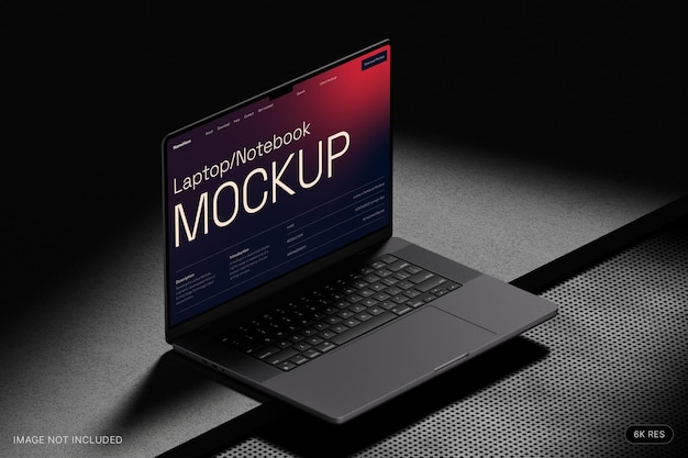 Laptopmockup in een donkere kamer op een betonnen basis met direct licht