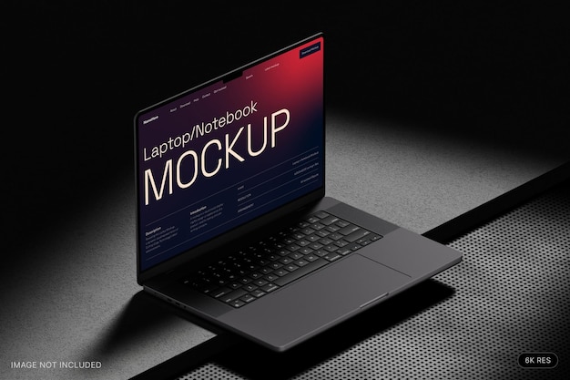 PSD laptopmockup in een donkere kamer op een betonnen basis met direct licht