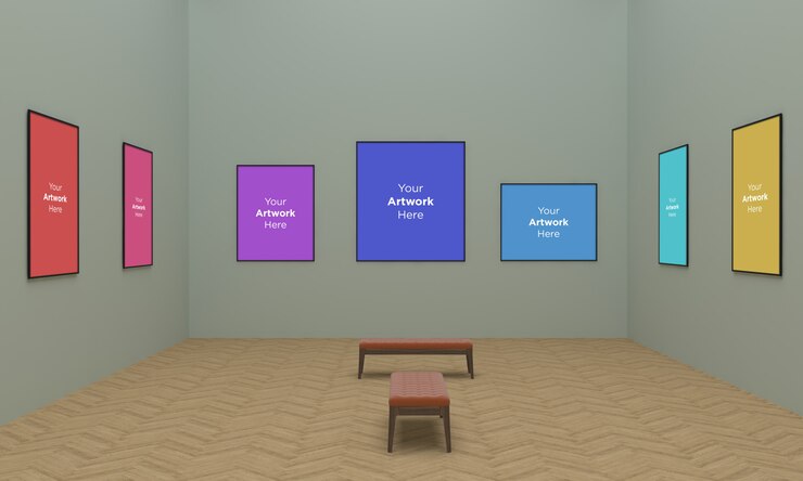 Large Art Gallery Frames Muckup 3D Illustration and 3D rendering