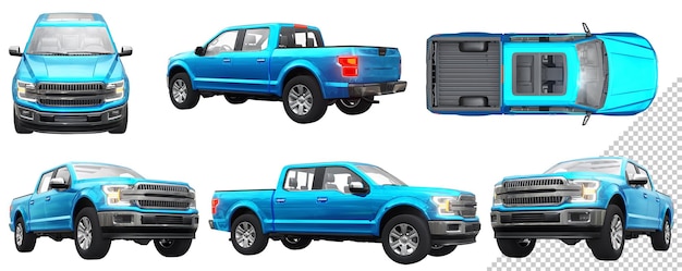 PSD a large blue modern pickup truck with a double cab glowing headlights on a white uniform background