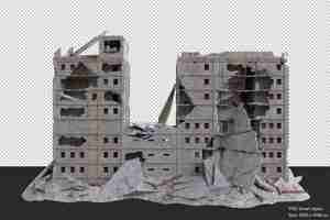 PSD il grande edificio danneggiato dopo la guerra ha isolato il rendering 3d