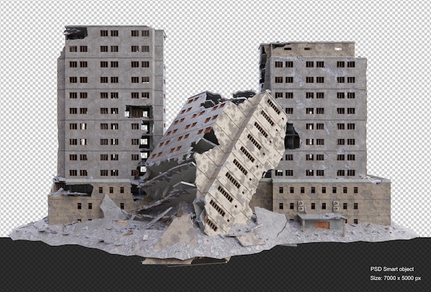 PSD il grande edificio danneggiato dopo la guerra ha isolato il rendering 3d