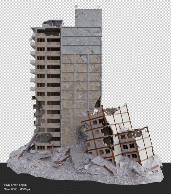 PSD il grande edificio danneggiato dopo la guerra ha isolato il rendering 3d