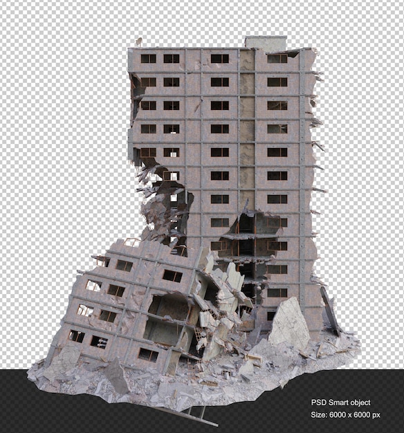 PSD il grande edificio danneggiato dopo la guerra ha isolato il rendering 3d