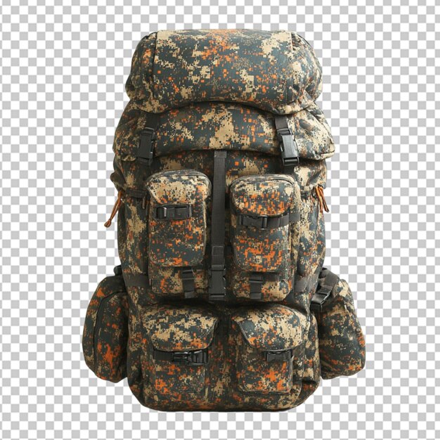 large camouflage backpack with multiple compart on transparent background
