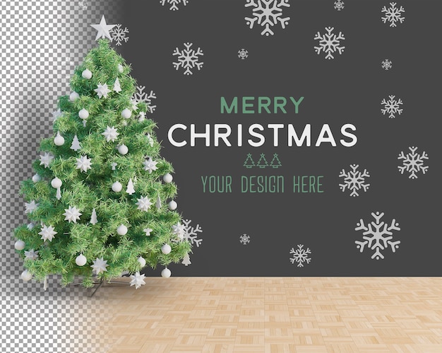 Grande albero di natale e accessori bianchi mockup di natale