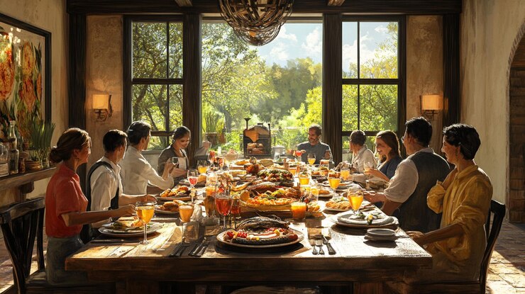 PSD large family enjoys a delicious meal together in a sunlit dining room
