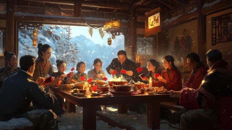 PSD a large family gathers around a table in a rustic wooden house celebrating a festive occasion with red envelopes and a warm meal amidst a snowy mountain view