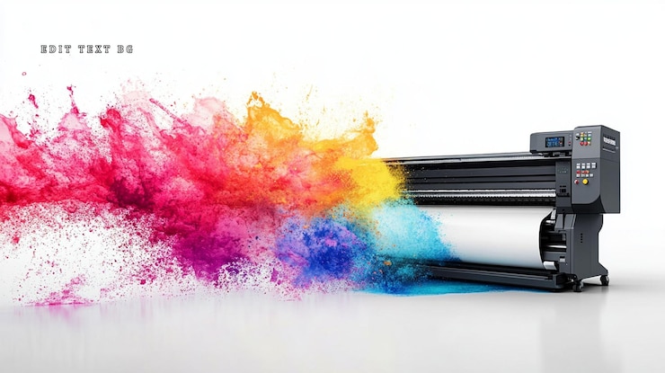 PSD large format printer producing vibrant color ink splashes