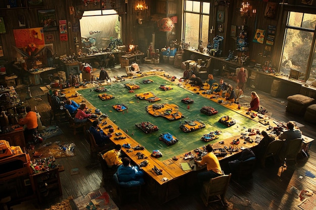 Large group collaborates on a massive tabletop game in a rustic workshop