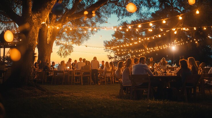 PSD large group of people enjoying a sunset dinner party under a tree with string lights