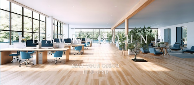 Large open office space with wooden floor and worker desk