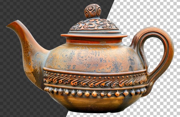 PSD a large ornate brown tea pot with a gold lid sits stock png