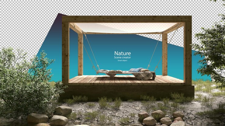 PSD large outdoor hammock in small pavilion near streams and riverside plants stream environment