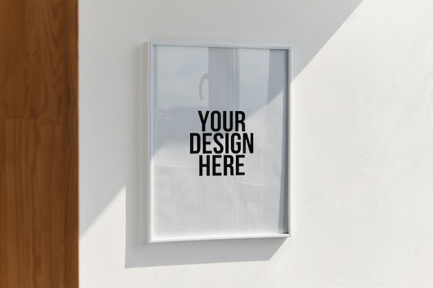 Large photo frame on a white wall mockup changeable design psd