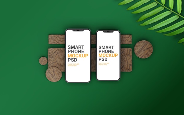 Large and regular smartphone on wood mockup