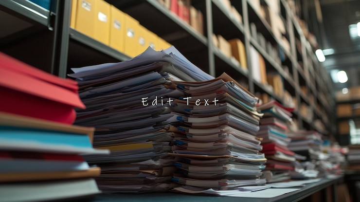 PSD large stack of documents and files on shelf in archive